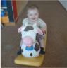 Robert rides the cow in the creche